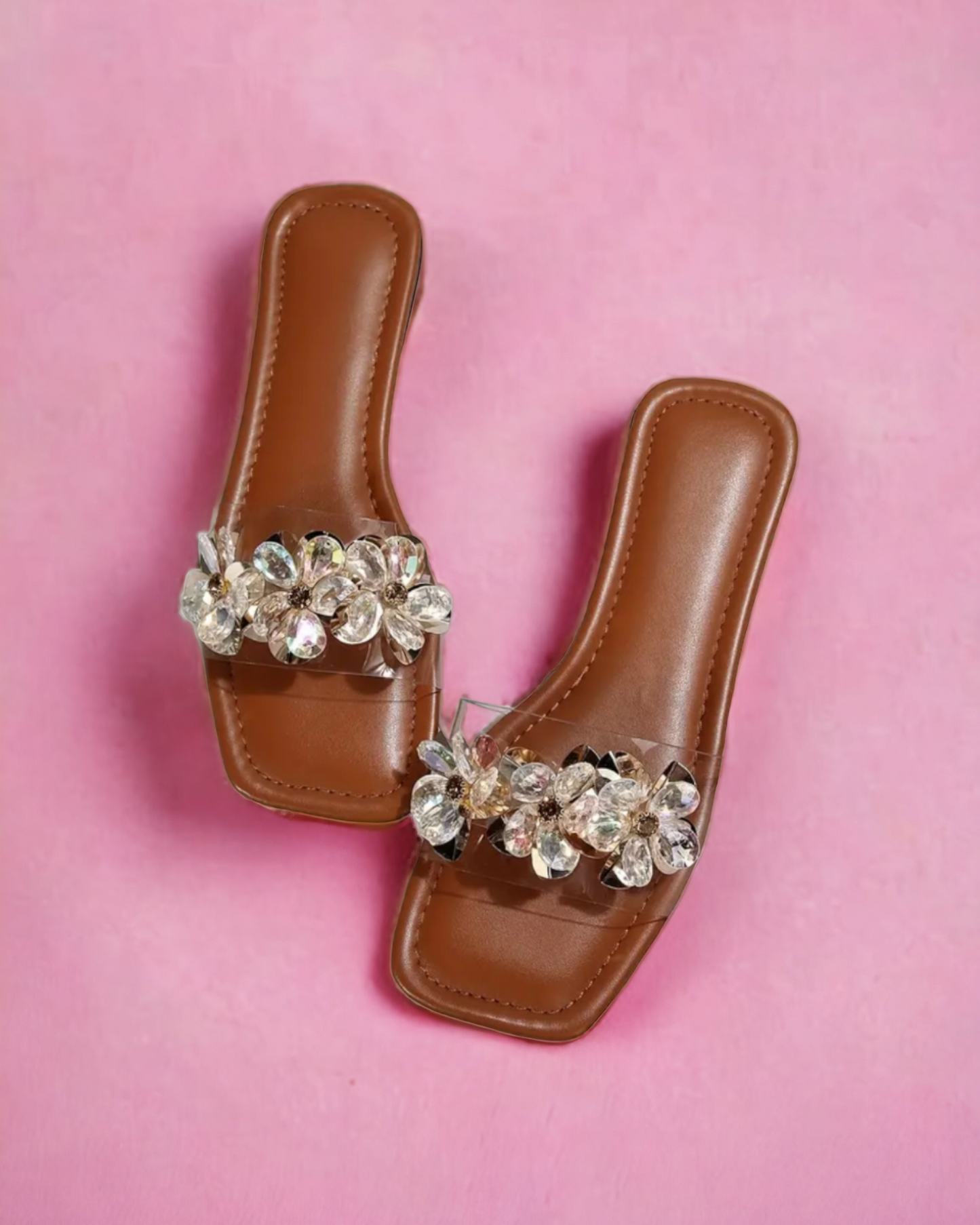 Women, Rhinestone Décor  Open Toe Slide Sandals Flat Slippers