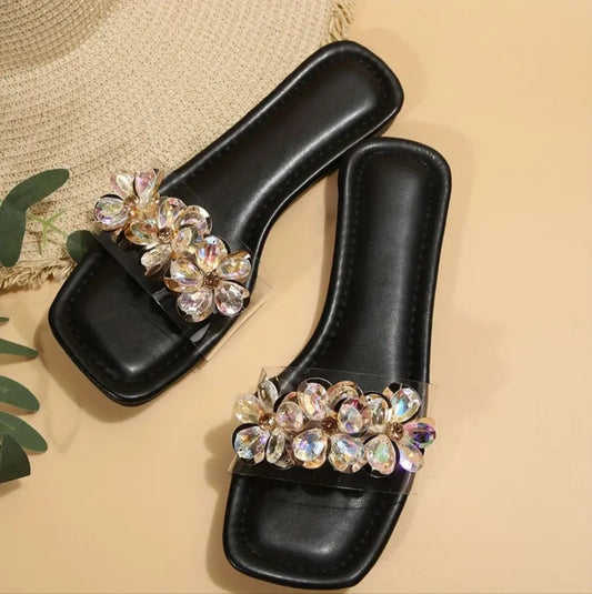 Women, Rhinestone Décor  Open Toe Slide Sandals Flat Slippers